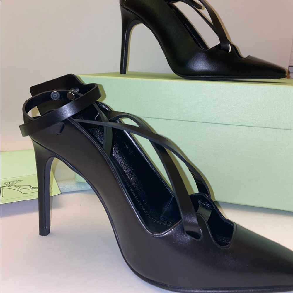 Off-White Black Leather Strappy Pointed-Toe Pumps NWOT